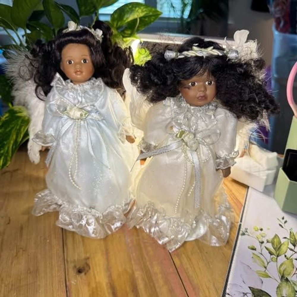 Pair of Black Angel Dolls Porcelain Style White Lace Dress Feather Wings 2pc